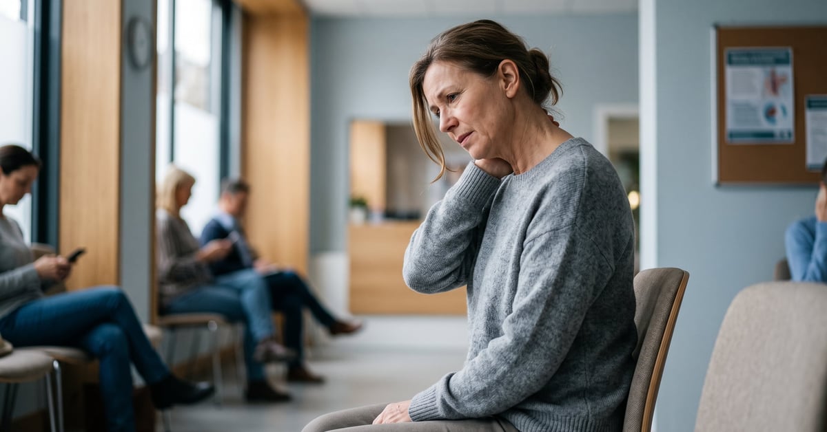 Femme tenant sa nuque douloureuse, symptômes d'arthrose cervicale