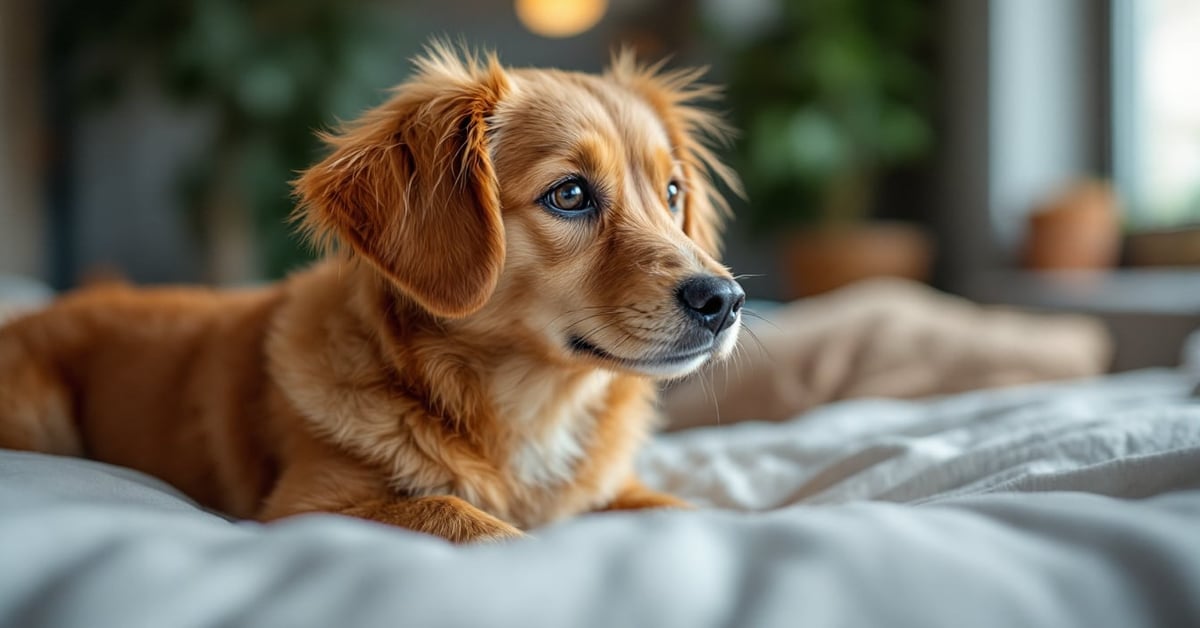 Chien âgé souffrant d'arthrose allongé avec difficulté, signe de douleur articulaire canine