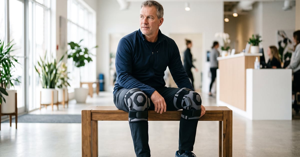 Genouillère pour arthrose portée sur un genou, solution orthopédique pour soulager la douleur articulaire