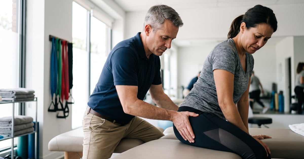 Massage du nerf sciatique : technique manuelle appliquée sur le bas du dos et la fesse