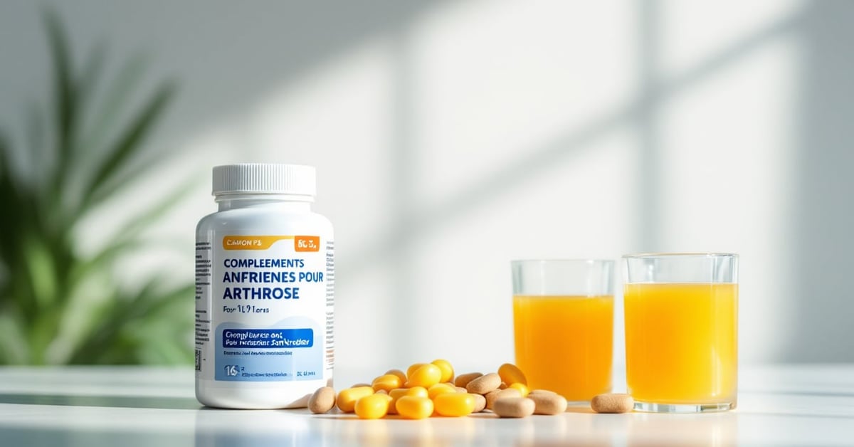 Compléments alimentaires pour arthrose : gélules, omega-3 et curcuma sur une surface naturelle