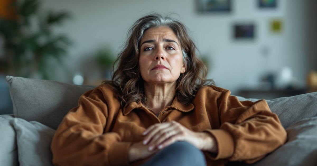 Femme tenant son ventre gonflé avec une expression de douleur dorsale, gonflement du ventre et mal de dos